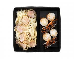 КОМБО С ЛАПШОЙ "КАРБОНАРА" + РОЛЛ С КРЕВЕТКОЙ И СОУСОМ "УНАГИ"